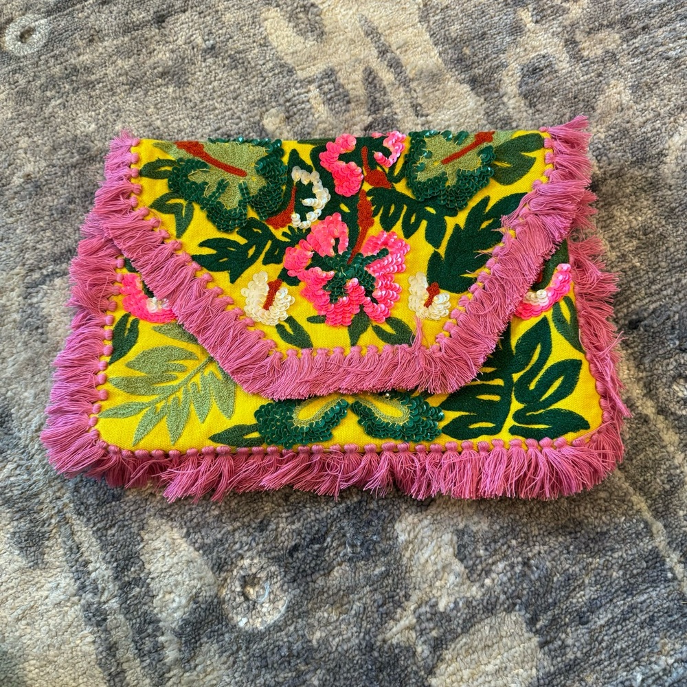 Yellow and pink embroidered clutch. NWT. Never worn.